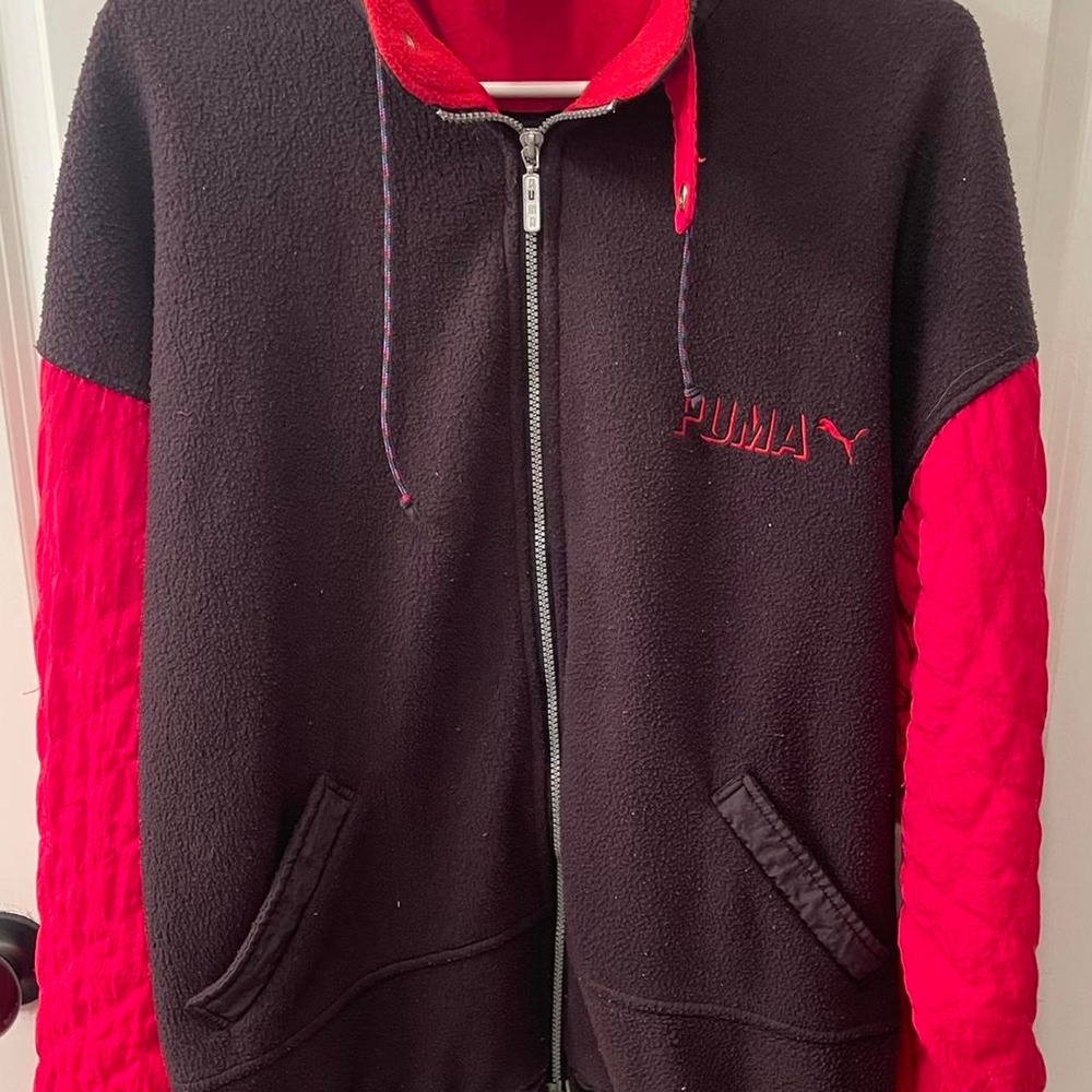 Vintage 90s Puma Fleece Jacket Red Quilted Sleeves Spellout Logo Colorblock M